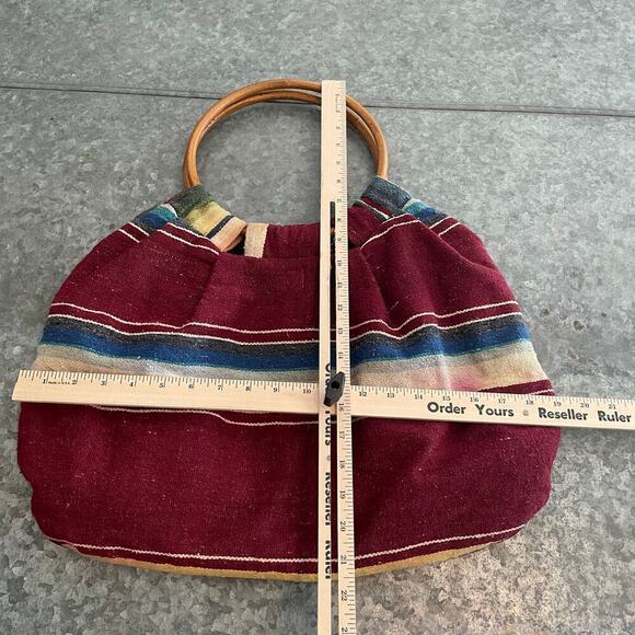 Vintage 70s Knapp Sacs California Round Knit Wood Handle Bag Purse Boho Aztec - Picture 9 of 11